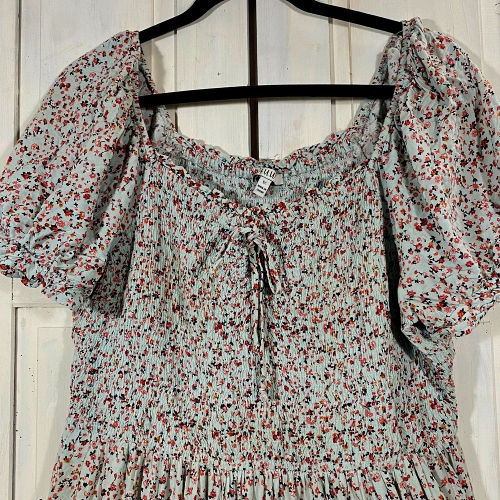 AUW Floral Babydoll Mini Dress Puff Sleeve Pastel Cottagecore Boho Smocked 1X - Picture 4 of 9